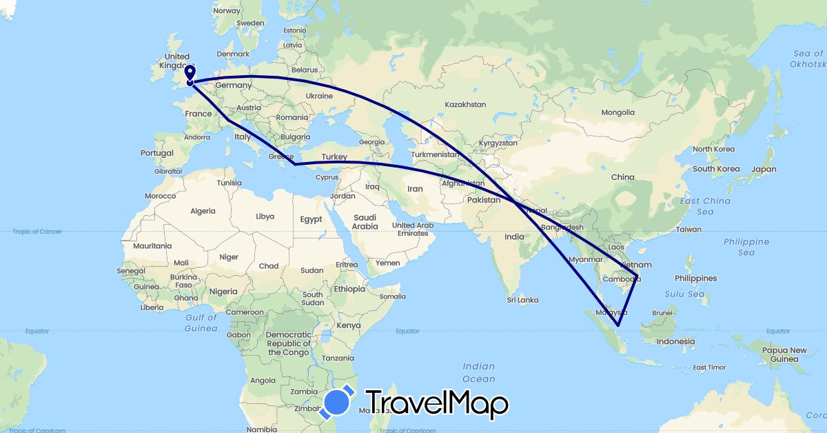 TravelMap itinerary: driving in United Kingdom, Greece, Italy, Singapore, Vietnam (Asia, Europe)